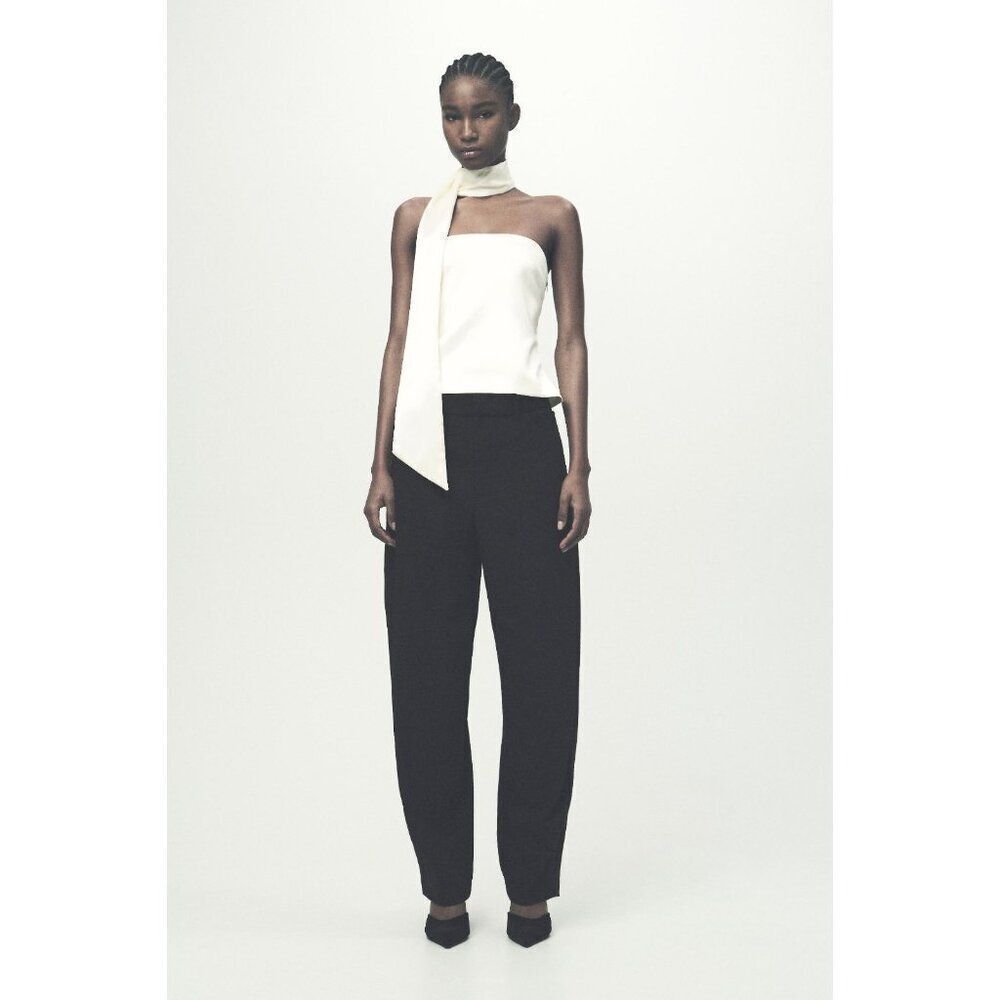 Zara Womens Pants XS Ankle Overlap Trousers Black High Waisted 4391/533 NWT